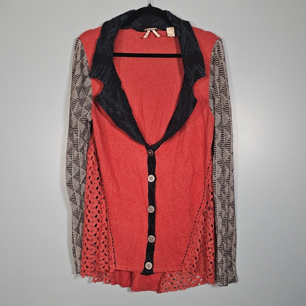 Gimmicks BKE Women's Button Up Mixed Pattern‎ Cardigan Collared Crochet Boho L